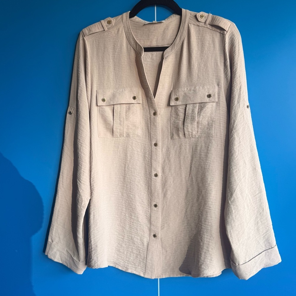 Calvin Klein Tan Utility Button Front Blouse Gold Hardware L